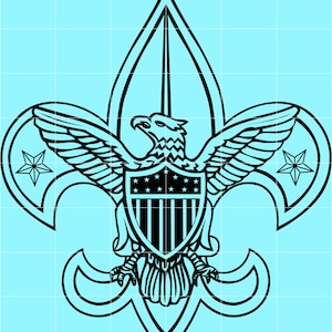 Peut inclure: Un graphique en lignes noires représentant un emblème de fleur de lys avec un aigle central aux ailes largement déployées. L'aigle tient un bouclier avec des étoiles et des rayures verticales. Une étoile à cinq branches est sur chaque côté.