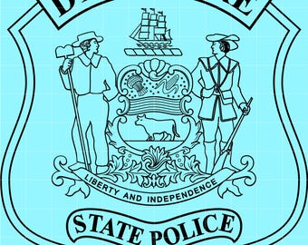 May include: Black and white Delaware State Police badge design. The badge features the word "DELAWARE" at the top, a central emblem with figures, a ship, and a cow, and the text "LIBERTY AND INDEPENDENCE" and "STATE POLICE".