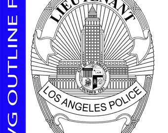 May include: Black and white SVG outline of a Los Angeles Police Lieutenant badge. The badge features the text "LIEUTENANT" at the top, the Los Angeles City Hall, and "LOS ANGELES POLICE" at the bottom. The image also includes the text "SVG OUTLINE FILES" and "Highest Quality".