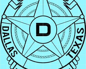 May include: A black and white police badge design with the words "POLICE", "DALLAS TEXAS", and "DEPARTMENT" in a circular arrangement. A large star is in the center with the letter "D". The background is light blue.