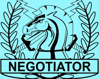 May include: Black and white graphic design featuring a horse head, swords, and lightning bolts on a light blue background. The word "NEGOTIATOR" is displayed in bold, capital letters at the bottom of the design. Laurel branches frame the horse head.