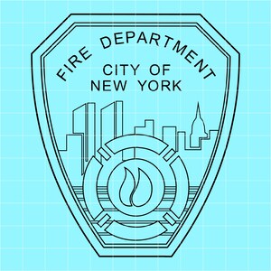 以下が含まれることがあります： 黒と白の線画で描かれた盾型のエンブレム。テキストは「FIRE DEPARTMENT CITY OF NEW YORK」と書かれています。デザインには、都市のシルエットと、2つの炎を持つ中央のエンブレムが含まれています。