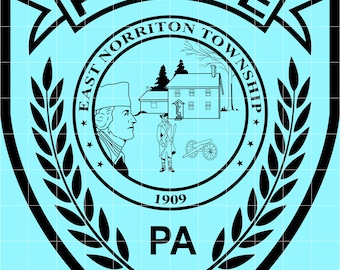 May include: A light blue police badge with black text and details. The word "POLICE" is at the top. The badge includes the text "EAST NORRITON TOWNSHIP", a historical figure, a building, and the text "1909 PA".