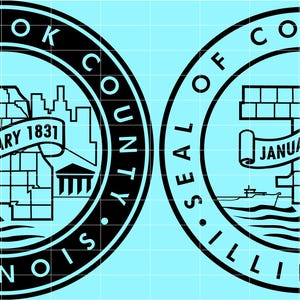 Op de afbeelding: Zwart-wit afbeelding van het zegel van Cook County, Illinois. Het zegel heeft een cirkelvormig ontwerp met tekst rond de rand en een centraal beeld van een gebouw, een schip en de tekst "JANUARY 1831".