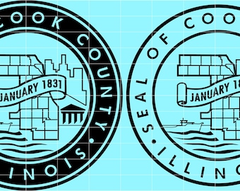 May include: Black and white graphic of the Cook County, Illinois seal. The seal features a circular design with text around the edge, and a central image of a building, a ship, and the text "JANUARY 1831".
