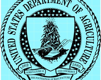 May include: A circular emblem for the United States Department of Agriculture, featuring a central shield with agricultural imagery. The design includes text that reads "UNITED STATES DEPARTMENT OF AGRICULTURE" and "AGRICULTURE IS THE FOUNDATION OF MANUFACTURE".