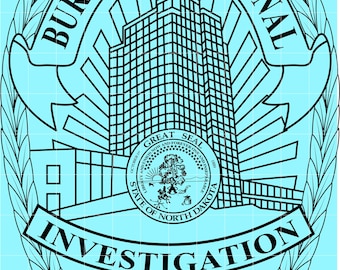 May include: A light blue badge with black text and details. The words "BUREAU OF CRIMINAL INVESTIGATION" are arched around the top and bottom. The center features a building and the words "SPECIAL AGENT". The North Dakota state seal is in the center.