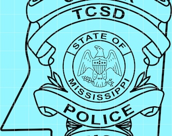 May include: Black and white police badge design with the words "OFFICER TCSD" at the top. The center features a seal with an eagle and the words "STATE OF MISSISSIPPI". The bottom reads "POLICE MS". The badge is set against a light blue background.