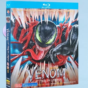 May include: Blu-ray disc of the movie "Venom: Let There Be Carnage." The cover features a menacing image of Venom and Carnage, with a black and red color scheme. The title is prominently displayed, along with the names of the stars and director.