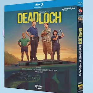 May include: A Blu-ray disc case for the TV series "Deadloch" Season 2. The cover features a group of four people standing on a dock, with the show's title in yellow letters. The Prime Video logo is visible.