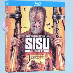 May include: Blu-ray disc for the movie "SISU: Road to Revenge". The cover features a man holding two rifles, with the movie title in large letters. The background is a fiery orange with images of planes and soldiers.
