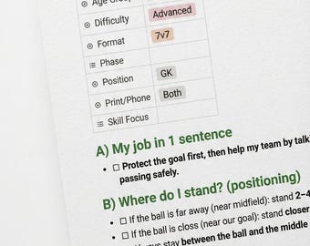 Puede incluir: Documento blanco con texto negro que detalla instrucciones para porteros de fútbol U8 7v7. Incluye secciones sobre posicionamiento y parada del balón, con dificultad avanzada. Formato 7v7.