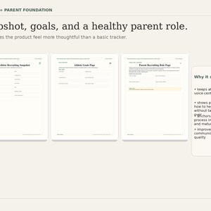 Puede incluir: Presentaci&oacute;n con el texto "ATHLETE + PARENT FOUNDATION" y "Snapshot, goals, and a healthy parent role." Se muestran tres documentos blancos, con vi&ntilde;etas en el lado derecho. Los documentos incluyen el texto "Athlete Recruiting Snapshot", "Athlete Goals Page" y "Parent Recruiting Role Page."