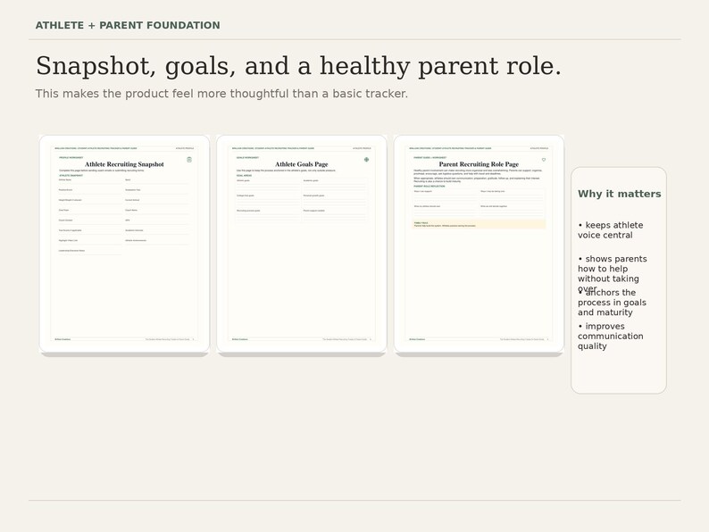 Puede incluir: Presentaci&oacute;n con el texto "ATHLETE + PARENT FOUNDATION" y "Snapshot, goals, and a healthy parent role." Se muestran tres documentos blancos, con vi&ntilde;etas en el lado derecho. Los documentos incluyen el texto "Athlete Recruiting Snapshot", "Athlete Goals Page" y "Parent Recruiting Role Page."