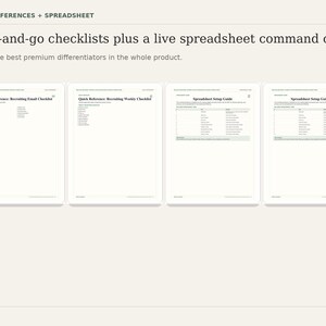Puede incluir: Imagen de un producto digital con el texto "QUICK REFERENCES + SPREADSHEET" y "Listas de verificaci&oacute;n listas para usar m&aacute;s un centro de comando de hoja de c&aacute;lculo en vivo". Se muestran cuatro documentos digitales blancos.