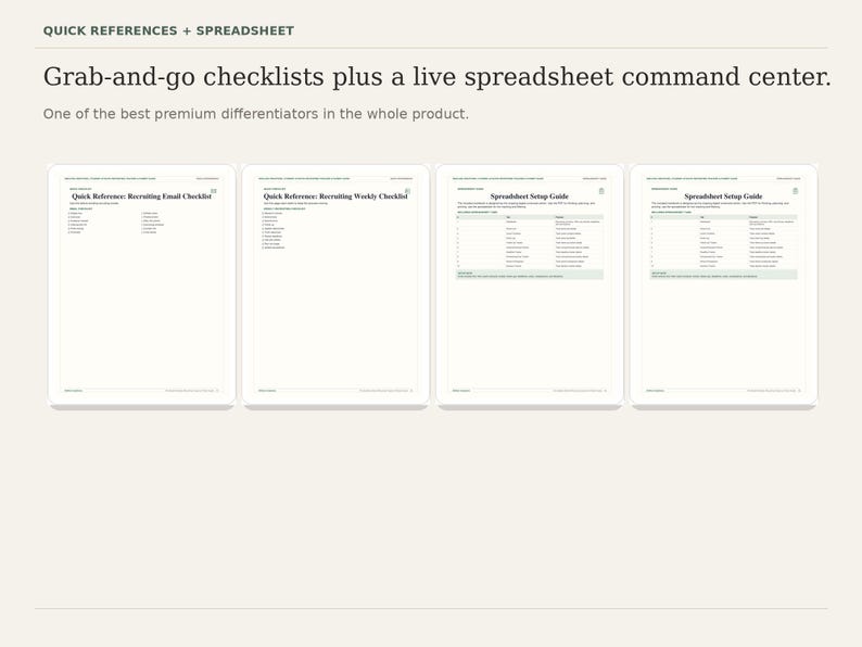 Puede incluir: Imagen de un producto digital con el texto "QUICK REFERENCES + SPREADSHEET" y "Listas de verificaci&oacute;n listas para usar m&aacute;s un centro de comando de hoja de c&aacute;lculo en vivo". Se muestran cuatro documentos digitales blancos.