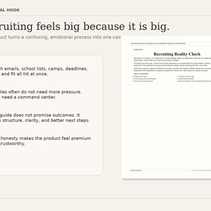 Puede incluir: Un gr&aacute;fico beige claro con el texto "EMOTIONAL HOOK" en la parte superior. El texto "Recruiting feels big because it is big" se muestra encima de vi&ntilde;etas que describen las caracter&iacute;sticas del producto. Un documento titulado "Recruiting Reality Check" est&aacute; a la derecha.