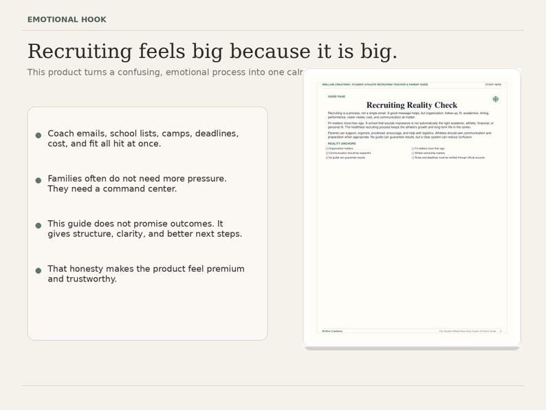 Puede incluir: Un gr&aacute;fico beige claro con el texto "EMOTIONAL HOOK" en la parte superior. El texto "Recruiting feels big because it is big" se muestra encima de vi&ntilde;etas que describen las caracter&iacute;sticas del producto. Un documento titulado "Recruiting Reality Check" est&aacute; a la derecha.