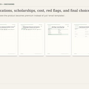 Puede incluir: Fondo beige claro con el texto "DEADLINES + DECISIONS" en la parte superior. Debajo, el texto dice "Applications, scholarships, cost, red flags, and final choice tools". Se muestran cuatro documentos digitales blancos.