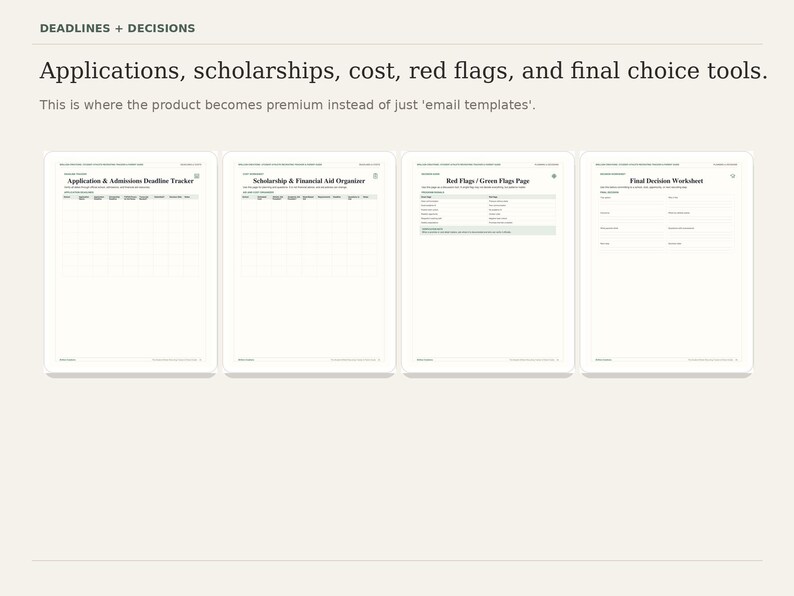 Puede incluir: Fondo beige claro con el texto "DEADLINES + DECISIONS" en la parte superior. Debajo, el texto dice "Applications, scholarships, cost, red flags, and final choice tools". Se muestran cuatro documentos digitales blancos.