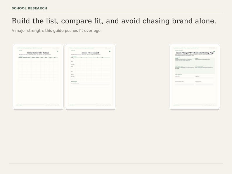 Puede incluir: Imagen de tres documentos digitales con texto. El primer documento se titula "Initial School List Builder". El segundo documento se titula "School Fit Scorecard". El tercer documento se titula "Dream / Target / Developmental Sorting Page". El texto "SCHOOL RESEARCH" est&aacute; en la parte superior.