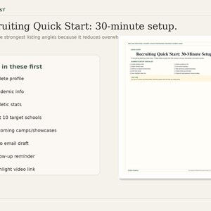 Puede incluir: Un gr&aacute;fico beige claro con el texto "Recruiting Quick Start: 30-minute setup." y una lista de elementos para bloquear primero, incluyendo perfil de atleta, informaci&oacute;n acad&eacute;mica y estad&iacute;sticas atl&eacute;ticas. Un segundo gr&aacute;fico muestra una lista de verificaci&oacute;n.