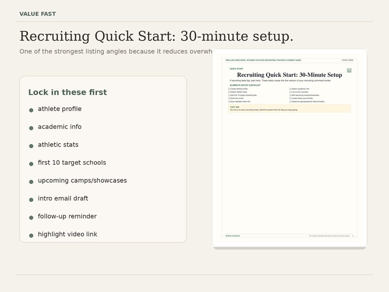 Puede incluir: Un gr&aacute;fico beige claro con el texto "Recruiting Quick Start: 30-minute setup." y una lista de elementos para bloquear primero, incluyendo perfil de atleta, informaci&oacute;n acad&eacute;mica y estad&iacute;sticas atl&eacute;ticas. Un segundo gr&aacute;fico muestra una lista de verificaci&oacute;n.