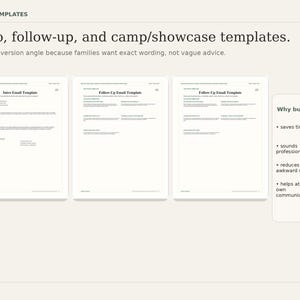 Puede incluir: Una presentaci&oacute;n titulada "EMAIL TEMPLATES" con el texto "Intro, follow-up, and camp/showcase templates". Se muestran tres plantillas de correo electr&oacute;nico, junto con una lista de beneficios: ahorra tiempo, suena profesional, reduce la redacci&oacute;n torpe y ayuda a los atletas a dominar la comunicaci&oacute;n.