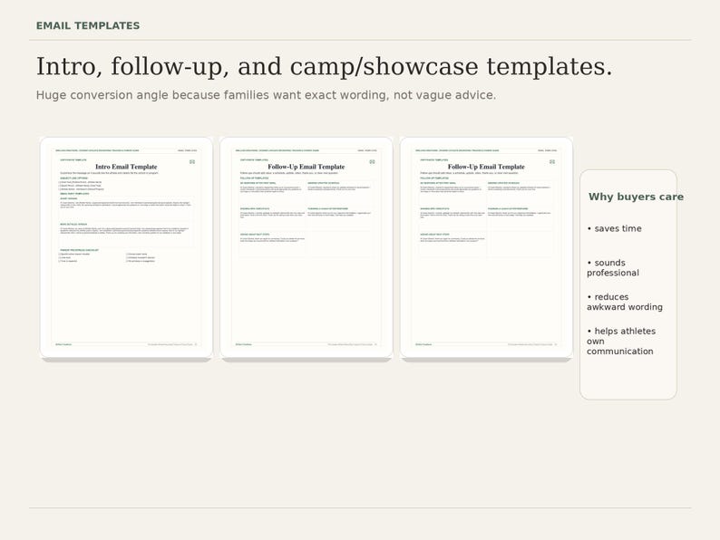 Puede incluir: Una presentaci&oacute;n titulada "EMAIL TEMPLATES" con el texto "Intro, follow-up, and camp/showcase templates". Se muestran tres plantillas de correo electr&oacute;nico, junto con una lista de beneficios: ahorra tiempo, suena profesional, reduce la redacci&oacute;n torpe y ayuda a los atletas a dominar la comunicaci&oacute;n.