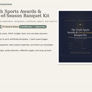 Könnte beinhalten: Ein Kit für Jugend-Sportauszeichnungen und Saisonabschlussbankette. Enthält 66 Seiten, 75 Auszeichnungsideen, Zertifikate, Reden und Planungswerkzeuge. Mit druckfertigen Zertifikatvorlagen und Veranstaltungszeichen.