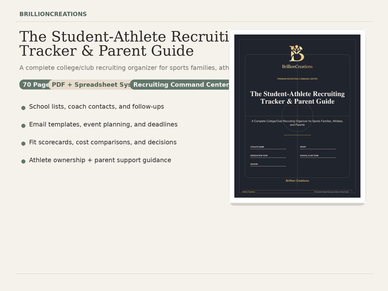 Puede incluir: Un organizador completo de reclutamiento universitario para familias deportivas. El Student-Athlete Recruiting Tracker & Parent Guide incluye listas de escuelas, contactos de entrenadores, plantillas de correo electr&oacute;nico y m&aacute;s. La gu&iacute;a es un PDF de 70 p&aacute;ginas.