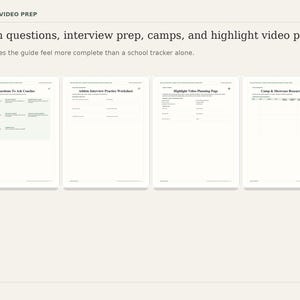 Puede incluir: Una gu&iacute;a digital con el texto "EVENT + VIDEO PREP" en la parte superior. La gu&iacute;a incluye hojas de trabajo para preguntas del entrenador, preparaci&oacute;n de entrevistas, campamentos y planificaci&oacute;n de videos destacados. Tambi&eacute;n est&aacute; presente el texto "This makes the guide feel more complete than a school tracker alone".