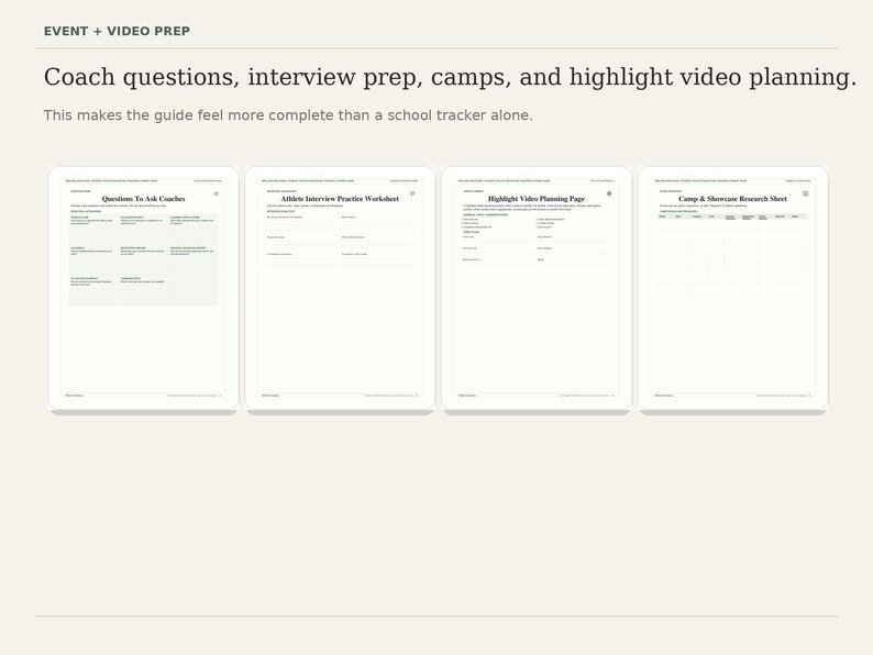 Puede incluir: Una gu&iacute;a digital con el texto "EVENT + VIDEO PREP" en la parte superior. La gu&iacute;a incluye hojas de trabajo para preguntas del entrenador, preparaci&oacute;n de entrevistas, campamentos y planificaci&oacute;n de videos destacados. Tambi&eacute;n est&aacute; presente el texto "This makes the guide feel more complete than a school tracker alone".