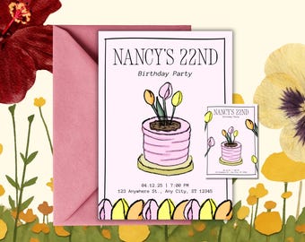 Hand-drawn Floral Invitation, Whimsical Birthday, Bridal Shower, Baby Shower (Digital Download)