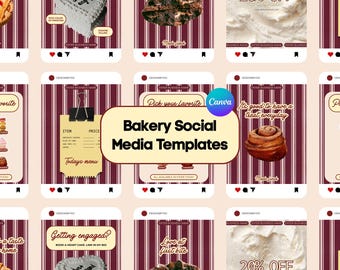 Vintage Bakery Social Media Templates Bold Designs Canva (Editable, Burgundy Theme)