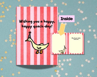 Hand-drawn Duck Birthday Card, Customizable, Whimsical Style (Digital Download)
