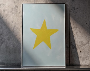 Yellow Star Rustic marker/crayon filled Poster Minimal Nursery Wall Art, Kids Room Decor