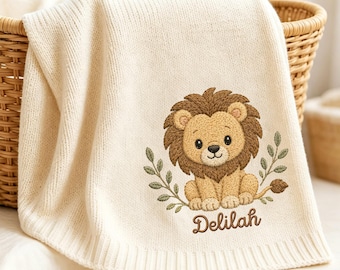 ライオン柄のベビーブランケット（名前刺繍入り、記念品、ニット製ベビーギフト）