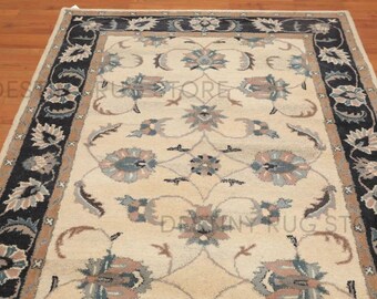 Hand Tufted Wool Area Rug In Ivory And Charcoal With Traditional Floral Vine Border Pattern Handmade Classic Living Room And Bedroom Rug