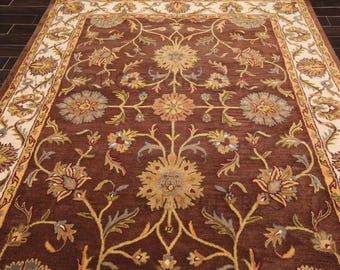 Hand Tufted Wool Area Rug In Rust Brown And Ivory With Traditional Floral Vine Pattern Handmade Classic Decorative Living Room Bedroom Rug