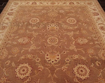 Hand Tufted Wool Area Rug In Warm Camel Brown With Antique Floral Border Design, Handmade Traditional Living Room Bedroom Rug
