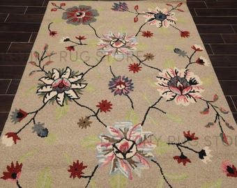 Hand Tufted Wool Area Rug In Beige With Multicolor Floral Pattern Handmade Decorative Living Room Rug