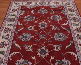 Hand Tufted Wool Area Rug In Deep Red And Ivory Floral Traditional Border Rug