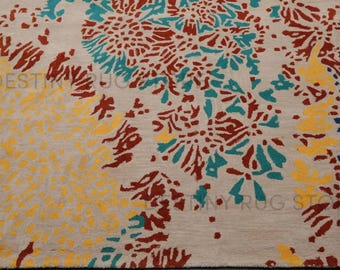 Tapis en laine touffeté à la main à motif floral abstrait multicolore, tapis artistique moderne fait main pour le salon et la chambre