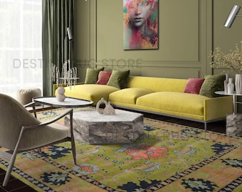 Hand Tufted Wool Area Rug With Floral Medallion Pattern In Olive Green And Blush Pink, Traditional Handmade Tufted Rug
