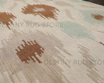 Hand Tufted Wool Area Rug In Ivory With Rust And Soft Sage Ikat Pattern, Handmade Modern Tribal Living Room Bedroom Rug
