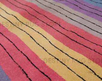 Hand Tufted Wool Area Rug In Multicolor Pastel Stripe Pattern Handmade Modern Contemporary Living Room And Kids Room Rug