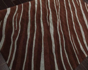 Hand Tufted Wool Area Rug In Rust Brown And Ivory Organic Stripe Pattern Handmade Modern Living Room Bedroom Rug