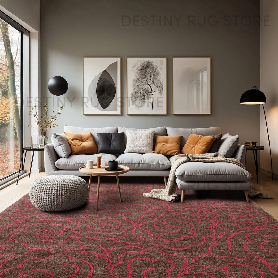 Hand Tufted Wool Floral Pattern Area Rug in Chocolate Brown and Rose ...