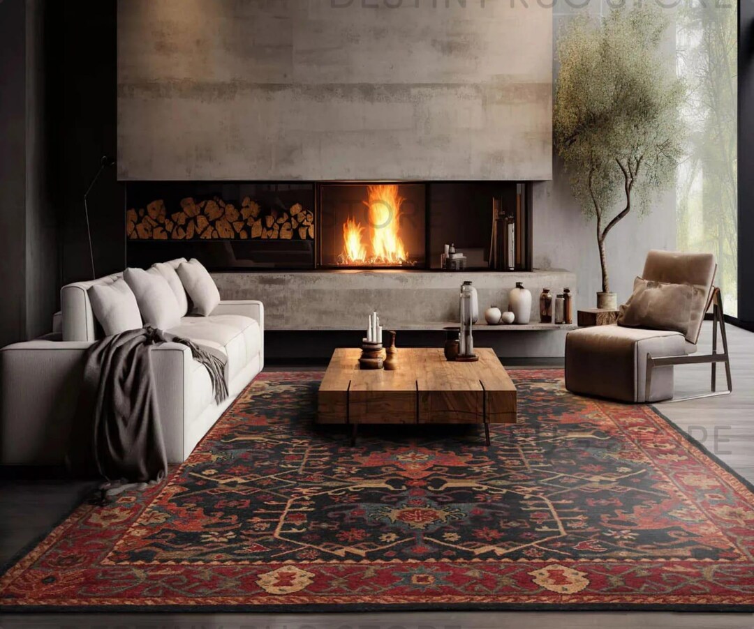 Hand Tufted Wool Area Rug in Deep Navy and Brick Red, Handmade ...